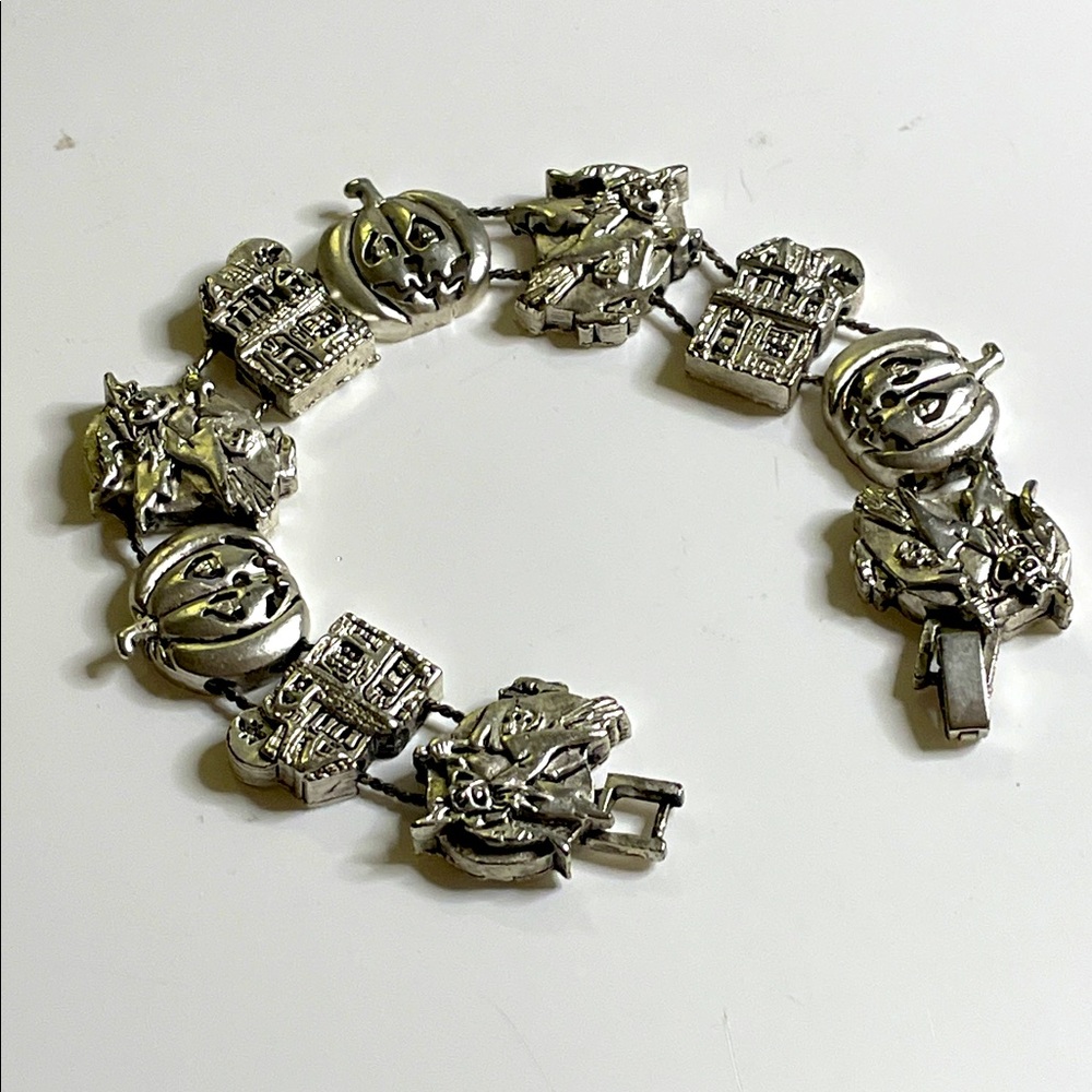 Vintage Halloween Theme Silver Tone Charm Bracelet